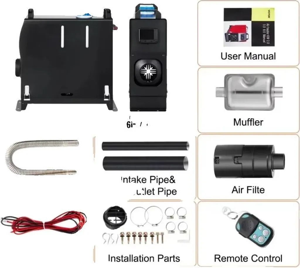 Chauffage à air diesel 8KW avec télécommande et écran LCD noir 12V