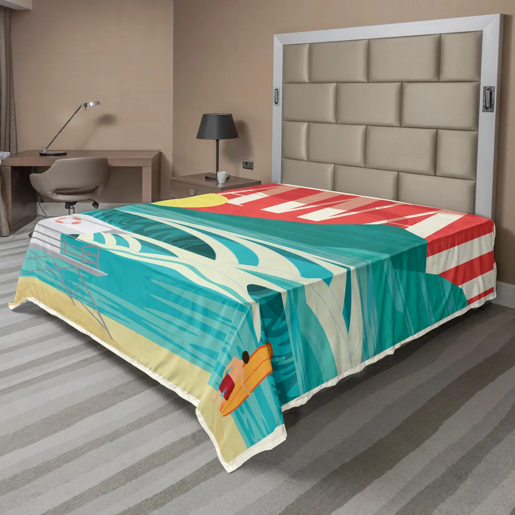 Drap plat de lit hawaïen ABAKUHAUS planche de surf bleu sarcelle 275x260 cm
