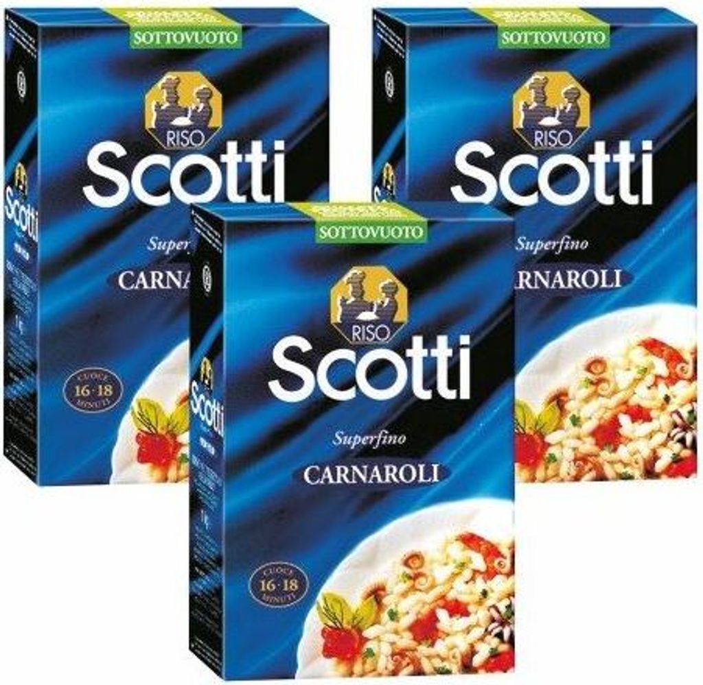 Three boxes of Riso Scotti Superfino Carnaroli rice are displayed in a studio setting.