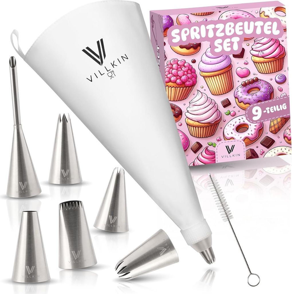 9-teiliges Spritzbeutelset mit 6 Edelstahl-Spritzdüsen und 34 cm Spritzbeutel - Wiederverwendbar und spülmaschinenfest zum Dekorieren von Torten,...