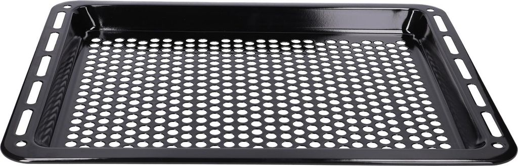 A black perforated baking tray with raised edges, shown from a diagonal, slightly elevated angle.