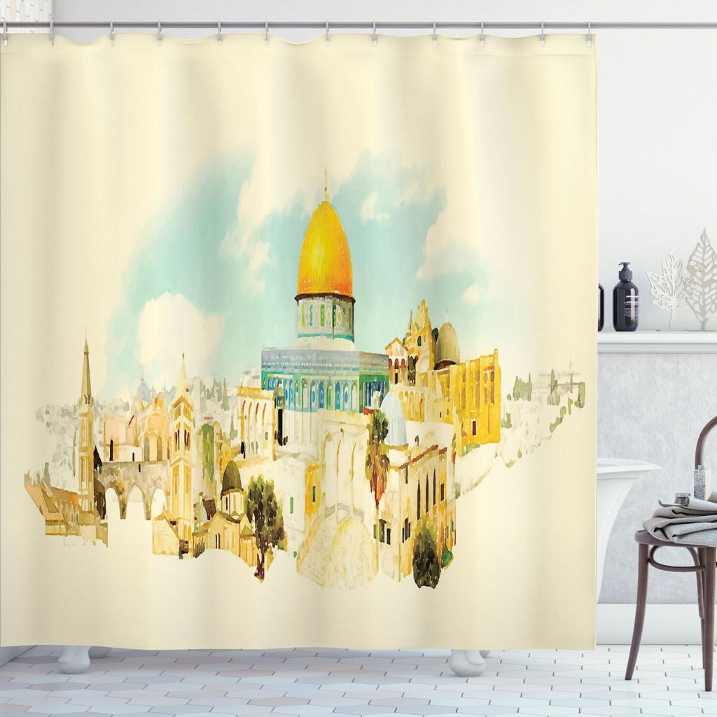 ABAKUHAUS Eastern City Duschvorhang, Malerei Abstrakt Kontur Künstlerische, 175 x 240 cm, Eischale Mehrfarbig