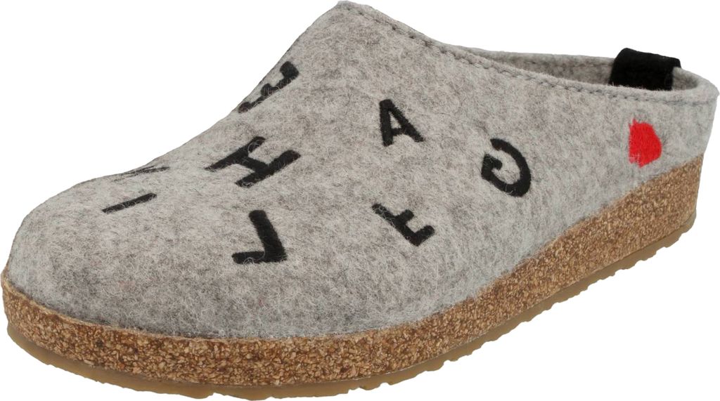 Haflinger Damen Hausschuh Wollfilz Pantoffel Stickerei Grizzly Letter 741038, Größe:41 EU, Farbe:Grau