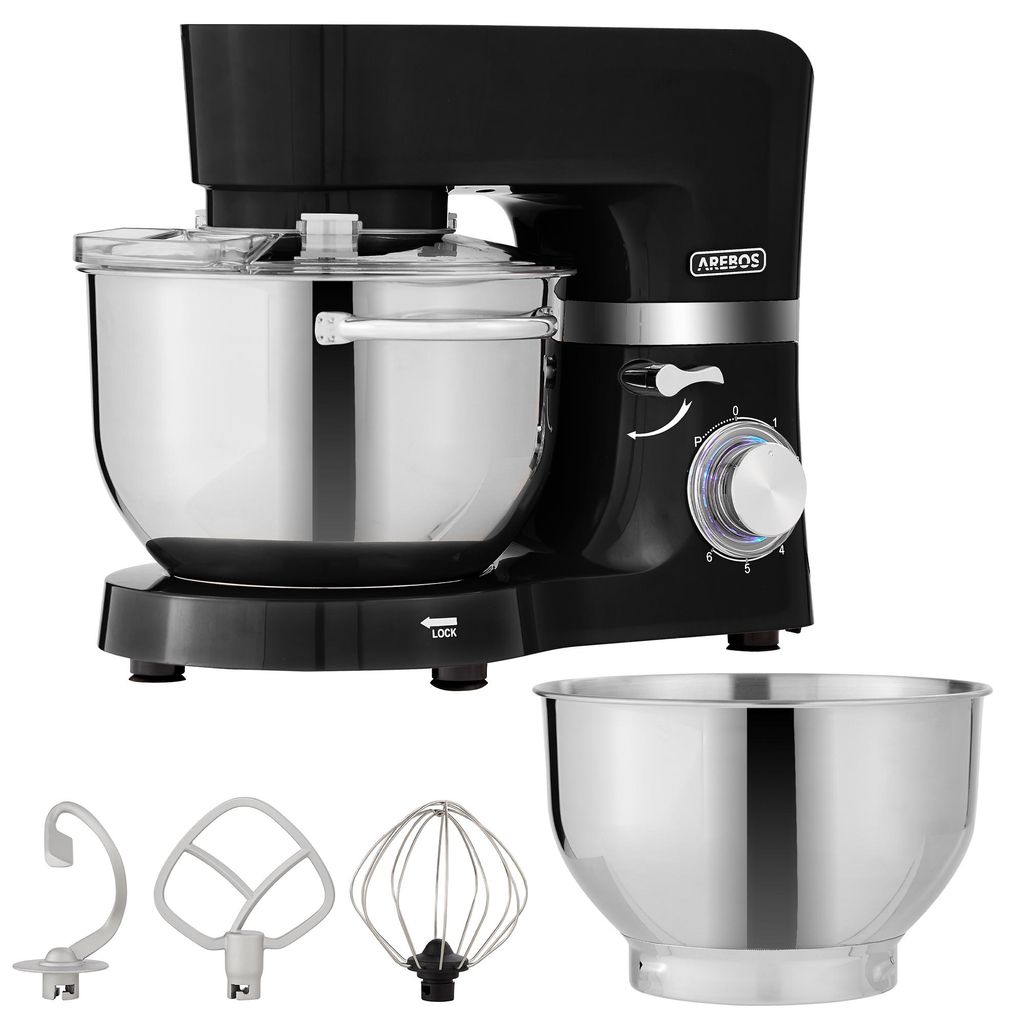 AREBOS Küchenmaschine 1500 W Schwarz | 2 Edelstahl-Rührschüsseln 4,5 & 5,5 L | Geräuscharm