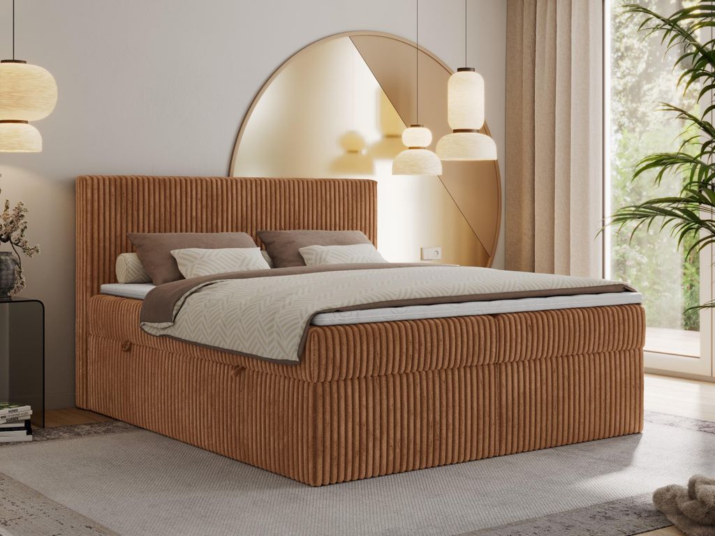 MKS MEBLE Boxspringbett 140x200 Orange Cord, Boxspringbett mit Matratze H4, Bett 140x200 mit Bettkasten and Kopfteil, Doppelbett mit Stauraum, Pols...