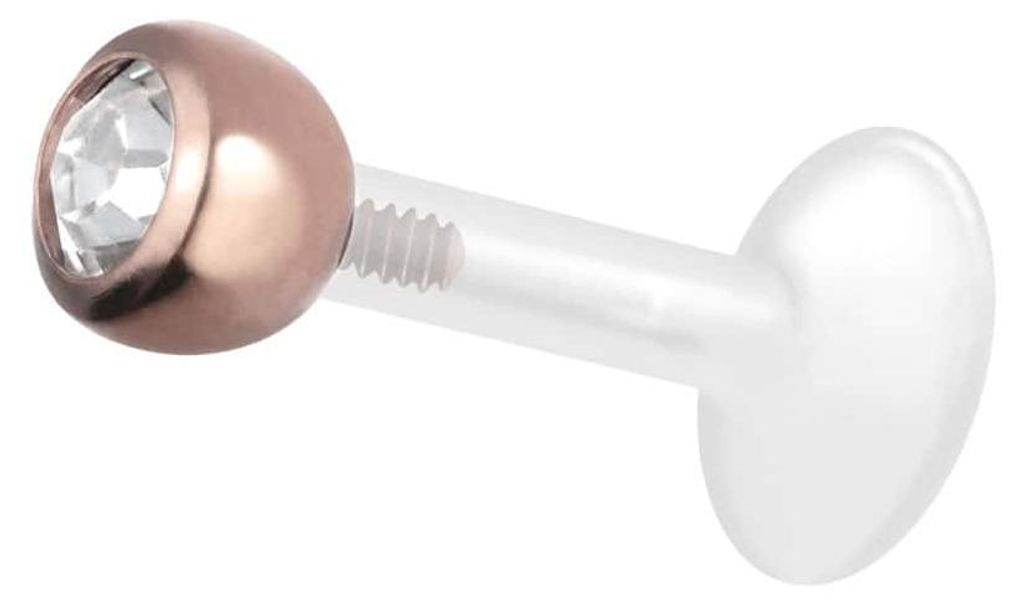 Ohrpiercing, Nasenpiercing PTFE Labret mit Innengewinde + Titan-Aufsatz KRISTALL RoséGold Stablänge: 7mm + Stabstärke: 1,2mm + Kugelgröße: 4mm