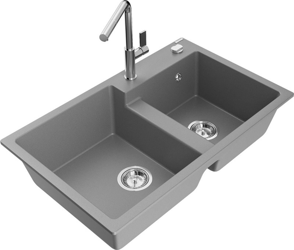 Mexen Tomas 2-Becken-Granitspüle mit Mischbatterie Flora, Grau - 6516-71-670401-00