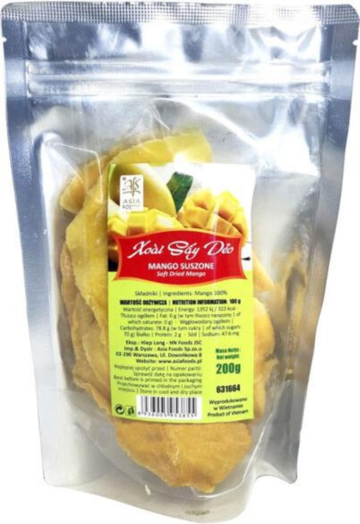 A clear image of a bag of dried mango slices.