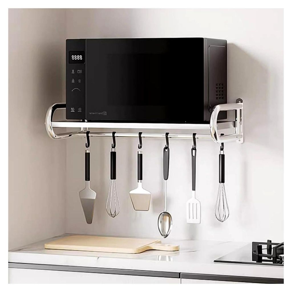 Robuste Wandhalterung aus 304 Edelstahl, Mikrowellenregal mit 6 Haken, vielseitiges Gewürzregal und Ofenhalter aus Metall für Küche, Bad und Was...