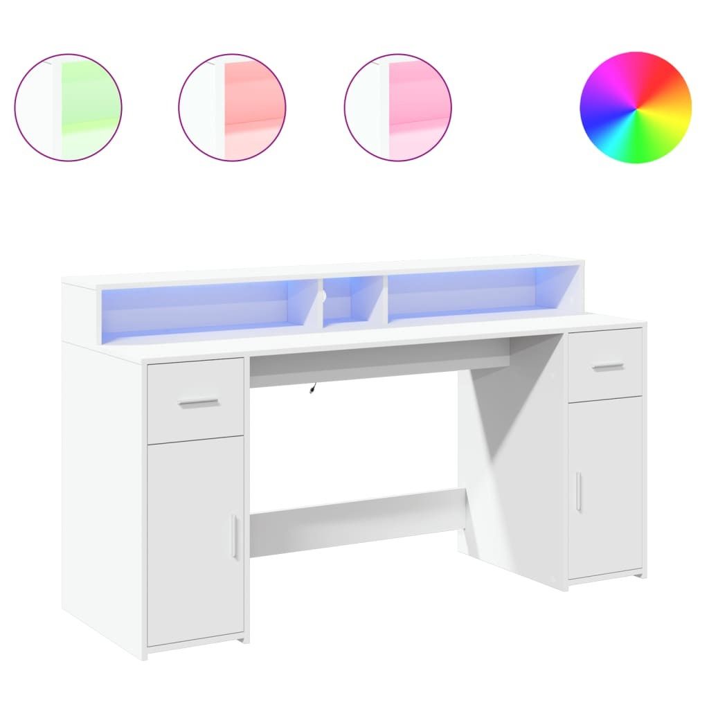 A white LED desk with shelves and drawers, shown against a white background. Three circular swatches above the desk show different LED light colors (green, pink, purple), and a color wheel graphic is also present.