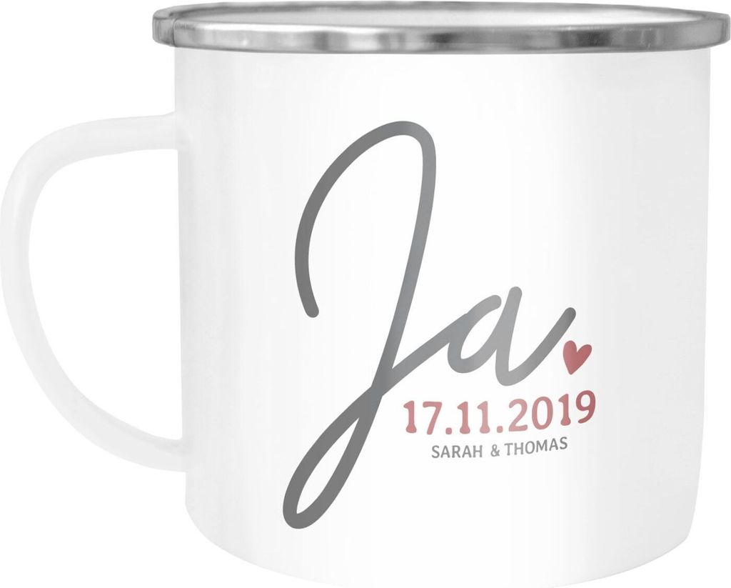 Emaille-Tasse "Ja" mit Namen Datum personalisierte Hochzeitsgeschenke Emaille-Becher SpecialMe weiß-metall Emailletasse