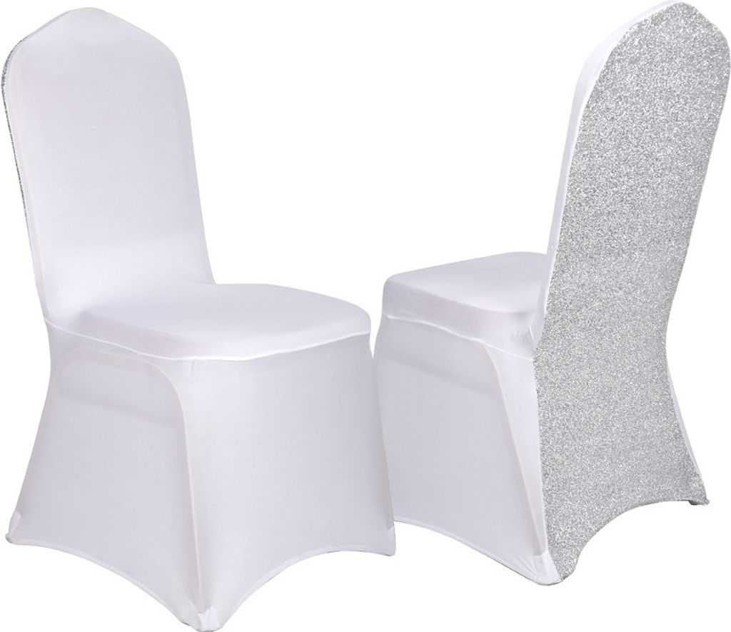 WISFOR 10 Stück Universell Stuhlhussen Stretch, Stuhl Husse mit Glitzer, Stuhlbezuege für Hochzeiten Feiern Geburtstag, Weiß+Silber