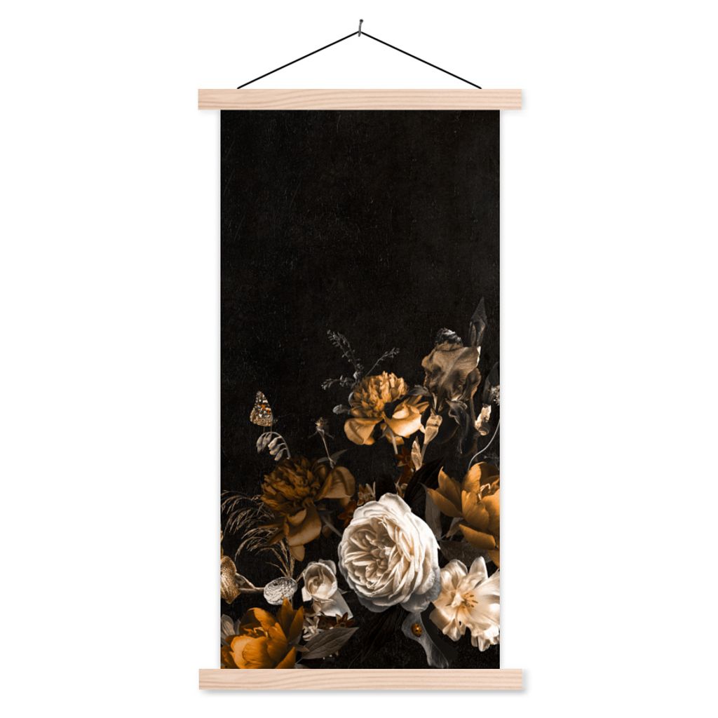 MuchoWow Textilposter Blume - Gold - Muster 40x80 cm mit holzfarbenen Rahmen - Wohnzimmer
