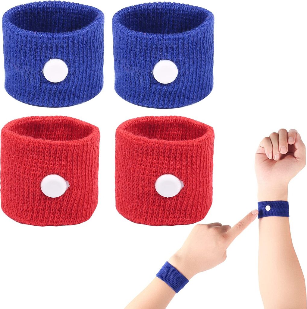 Four wristbands, two blue and two red, are displayed. A hand is shown wearing a blue wristband and pointing to another blue wristband on the arm.