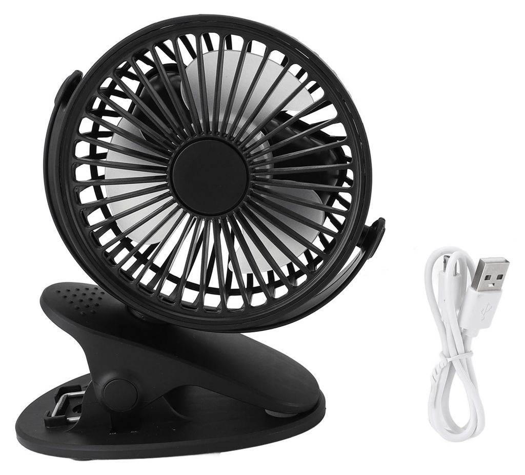 Clip On Fan 360 Grad drehbar 3 Gänge Leise USB Aufladung Tragbarer kleiner Tischventilator für Büro Camping Kinderwagen Haus Schwarz