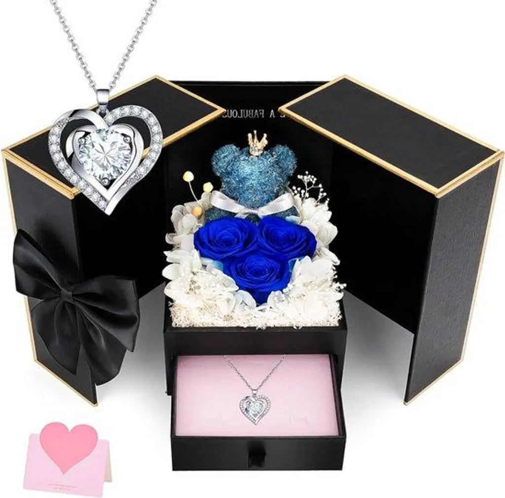 Pendentif Cœur Rose Bleue : Cadeau Anniversaire Femme et Écrin Noir