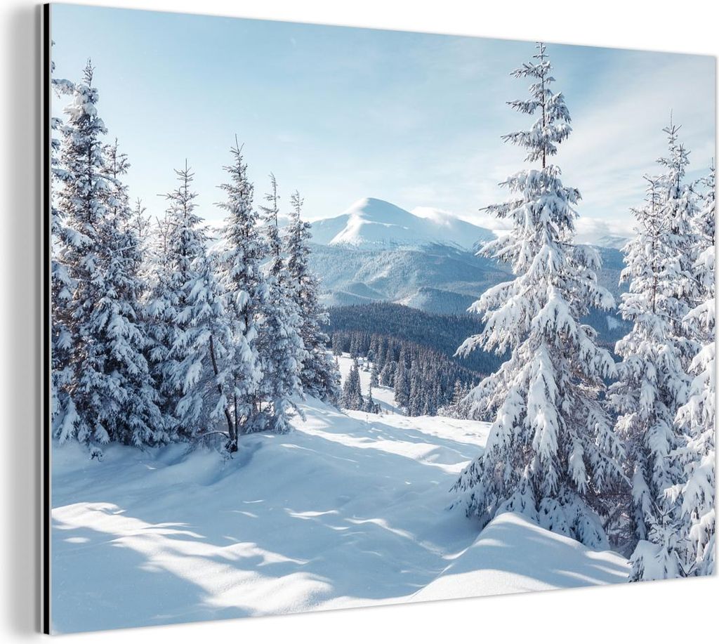 MuchoWow Wanddekoration Metall Metallbild Wandkunst 90x60 cm Winterlandschaft - Natur - Berge - Bäume - Schnee MuchoWow Aluminium Gemälde - Wandb...