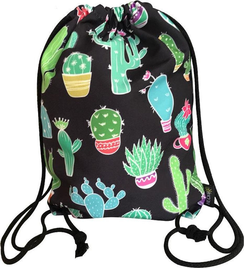 HECKBO Turnbeutel für Frauen & Mädchen aus Baumwolle (schwarz) - beidseitig mit Kaktus Motiven bedruckt - für Alltag, Reise & Sport, Festival, P...