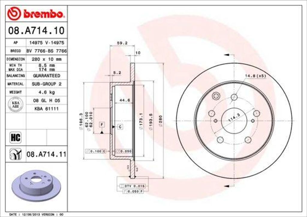 BREMBO 08.A714.11 Bremsscheibe OE 4243105050 kompatibel mit Avensis