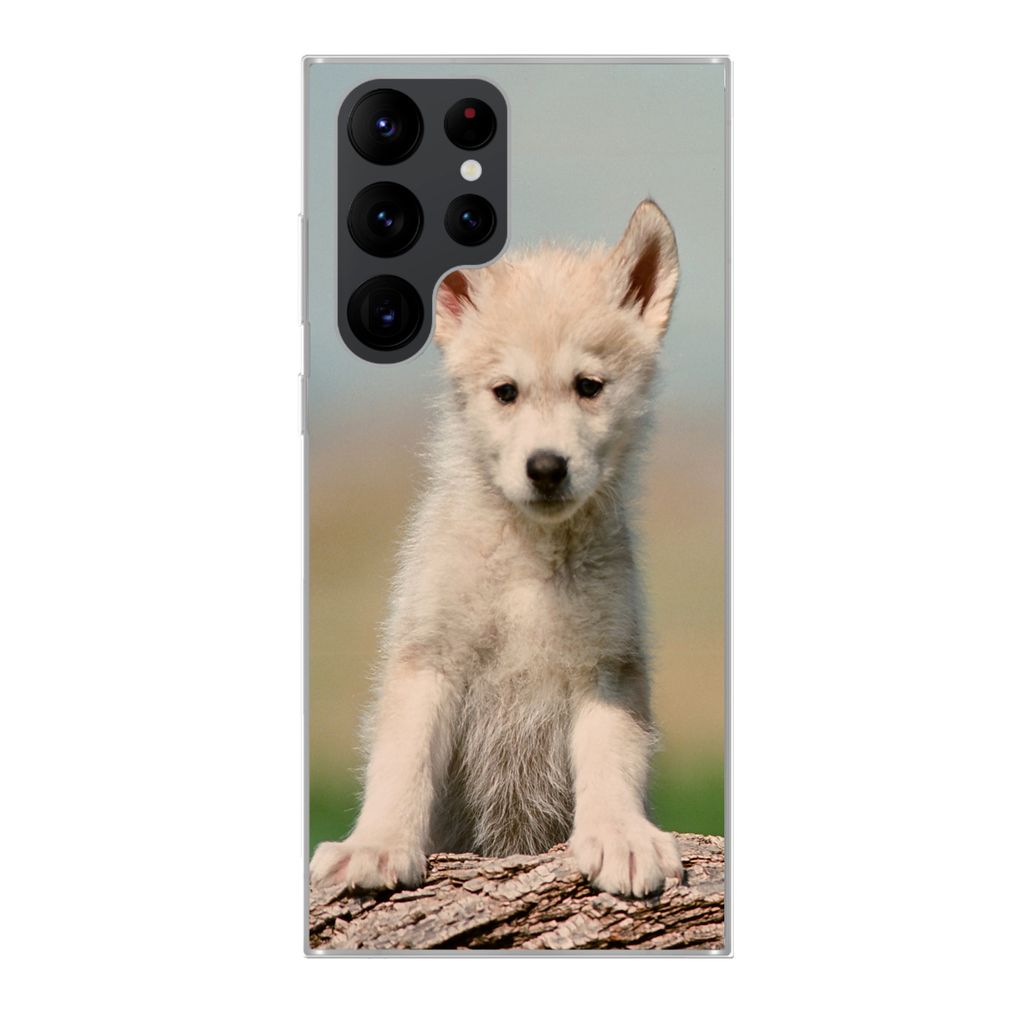 MuchoWow Handyhülle Schutzhülle Hülle für Samsung Galaxy S22 Ultra Wolf - Kind - Holz Silikon Softcase Handy Hülle - Abbildung