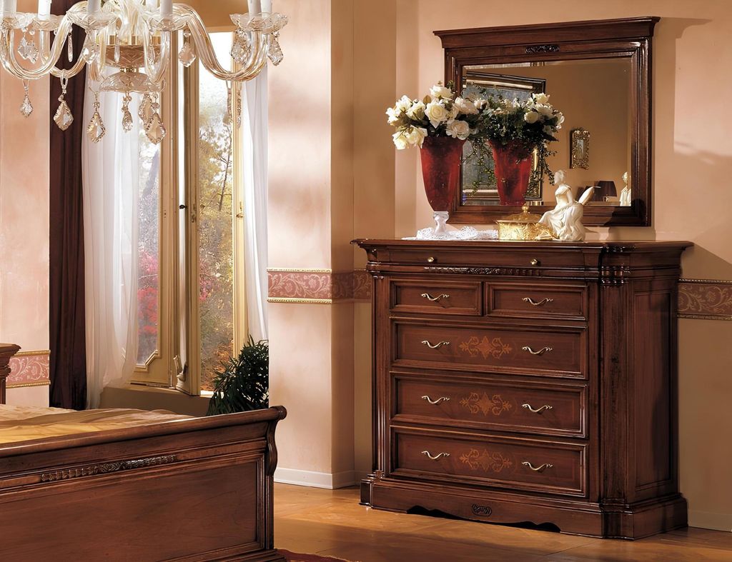 Massivholz Kommode mit Spiegel Sideboard Kommoden Set Italienische Möbel 2tlg.