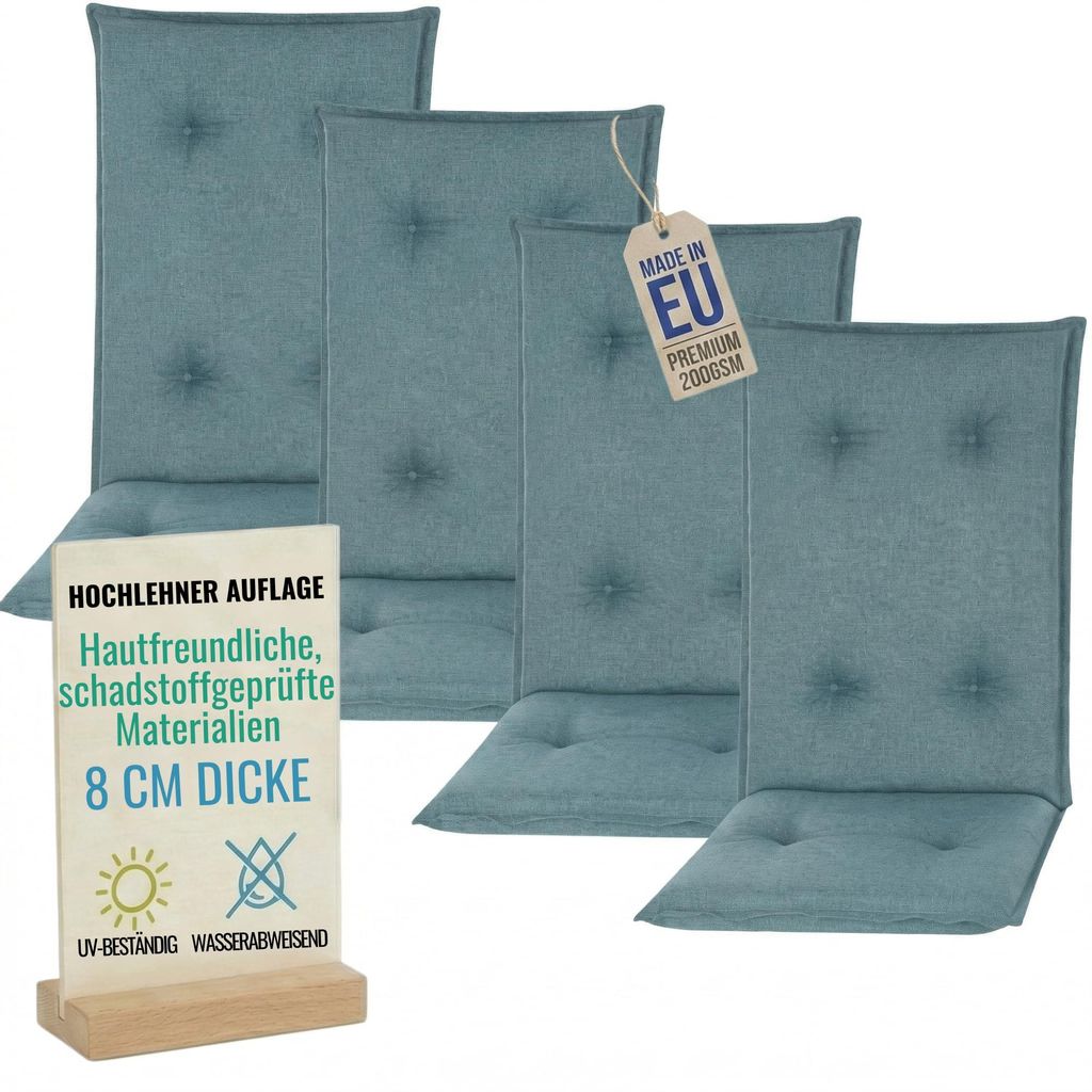 Pillows24 - 4x Hochlehner Auflagen 120x50x8 cm | Gesteppte Wetterfeste Gartenstuhlauflagen | Polster Sitzkissen für Gartenmöbel | EU | Türkis