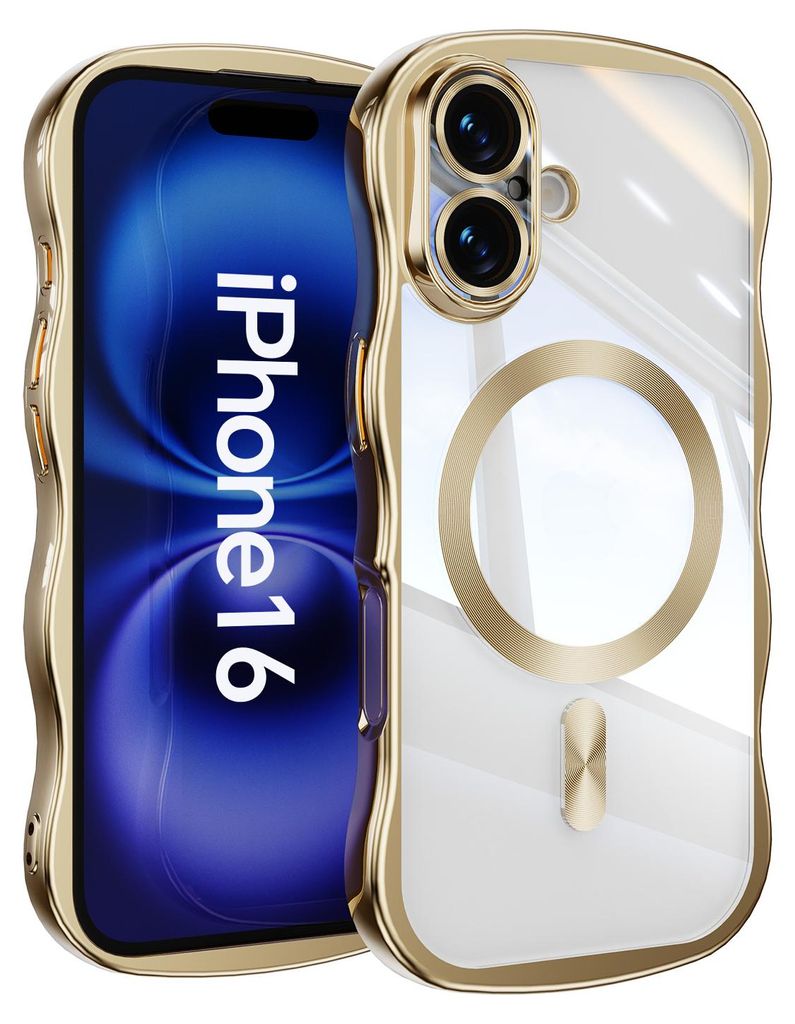 Magnetisch Hülle für iPhone 16, Wellen Überzug Bumper Transparent Stoßfeste Handyhülle mit Kameraschutz Gold