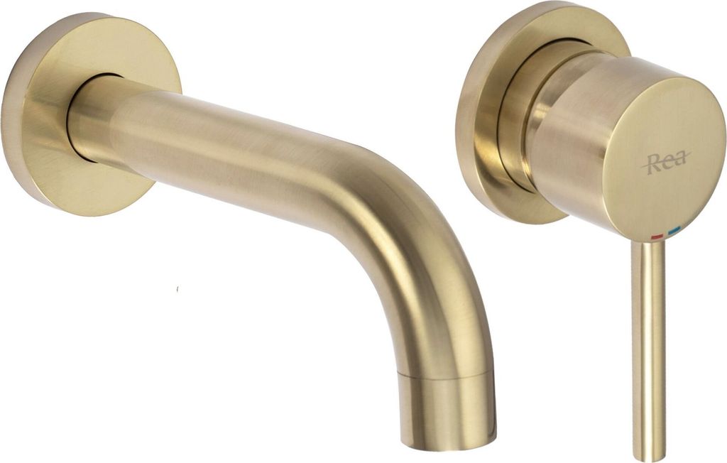 A wall-mounted faucet and its control handle, both in a matte gold finish, are shown against a white background.