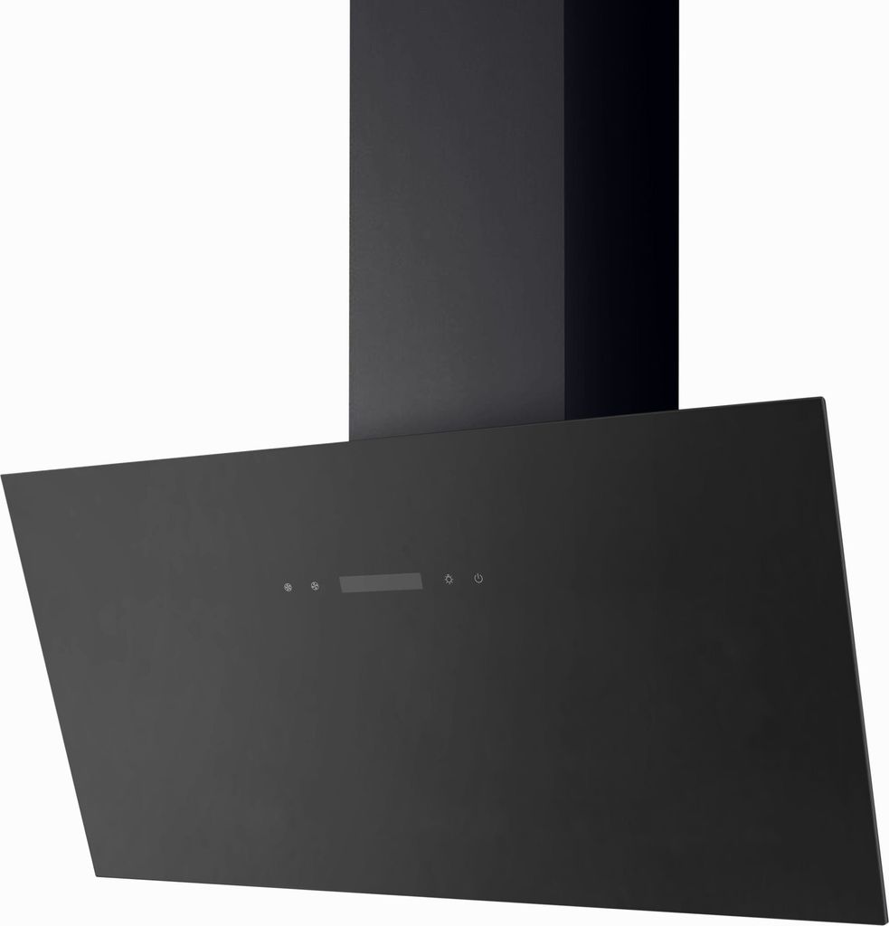 A black kitchen range hood against a white background.