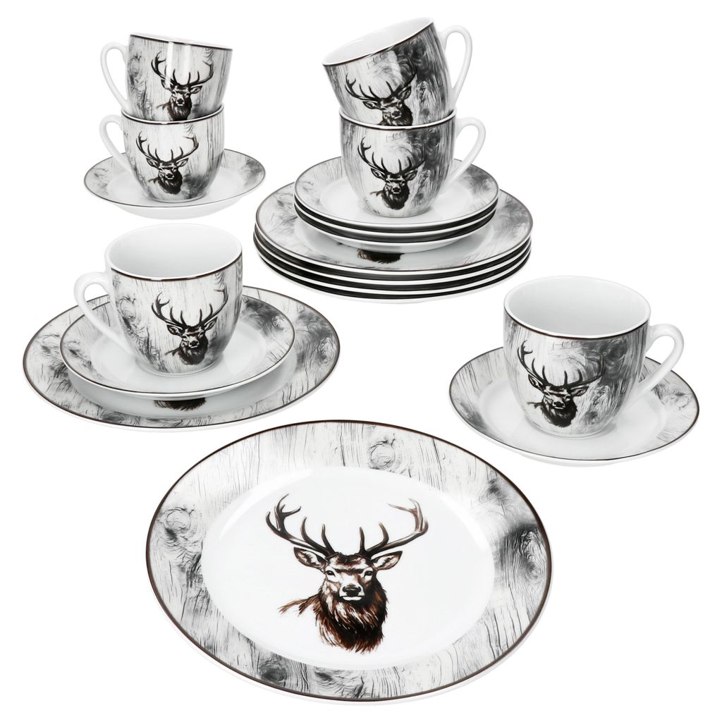 Set Da 6 Piatti Fondi In Porcellana Alois 180 Ml – Decoro Cervo E Legno, Stile Country