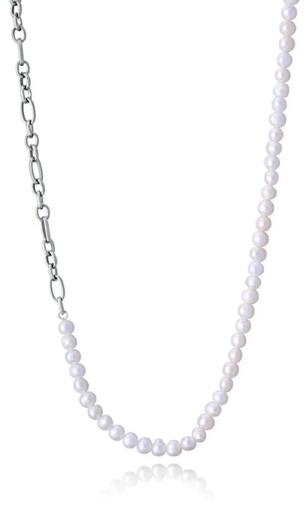 Bijou pour homme : Collier en perles naturelles et maillons acier gris