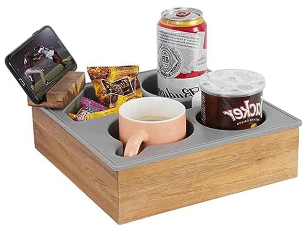 Ablage für Getränkebecher, praktischer, weicher Silikon-Couchkorb aus Akazienholz für Bett, Autositz und Strand