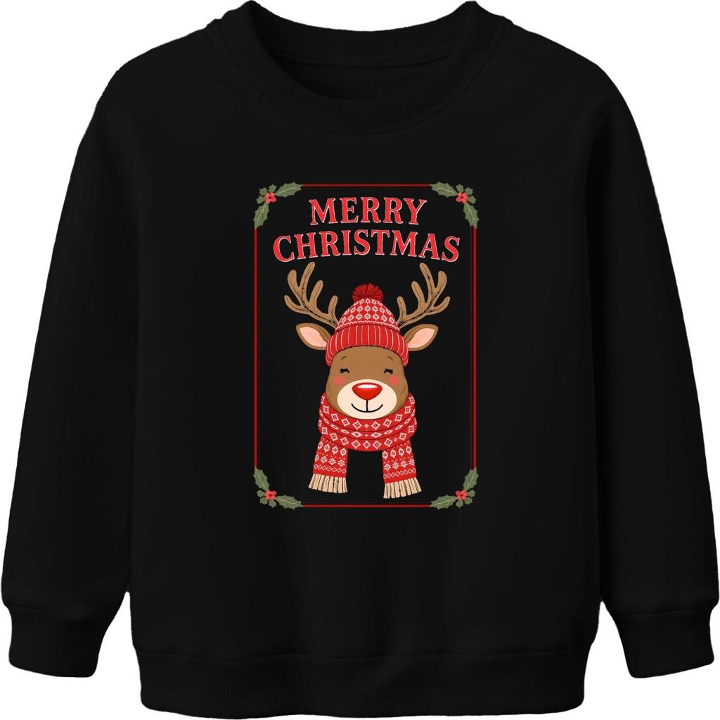 MERRY CHRISTMAS Weihnachtsrentier rote Nase Schal Norweger lustig Uni Kinder Sweatshirt Pullover, Schwarz, 116