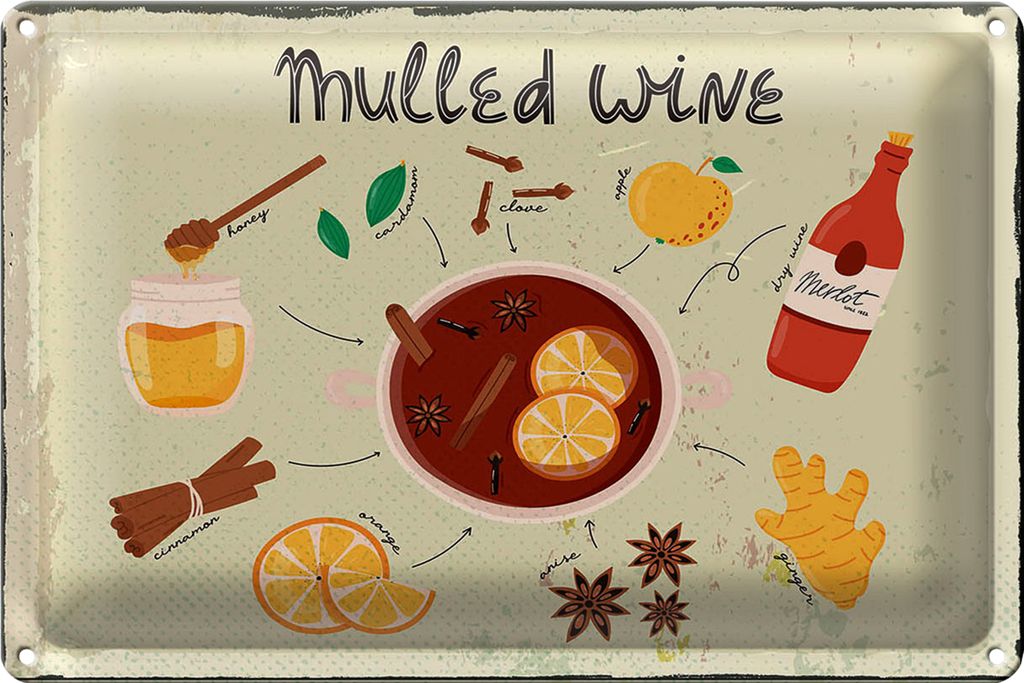 Blechschild Rezept Mulled Wine Anise Honey Apple 40x30cm