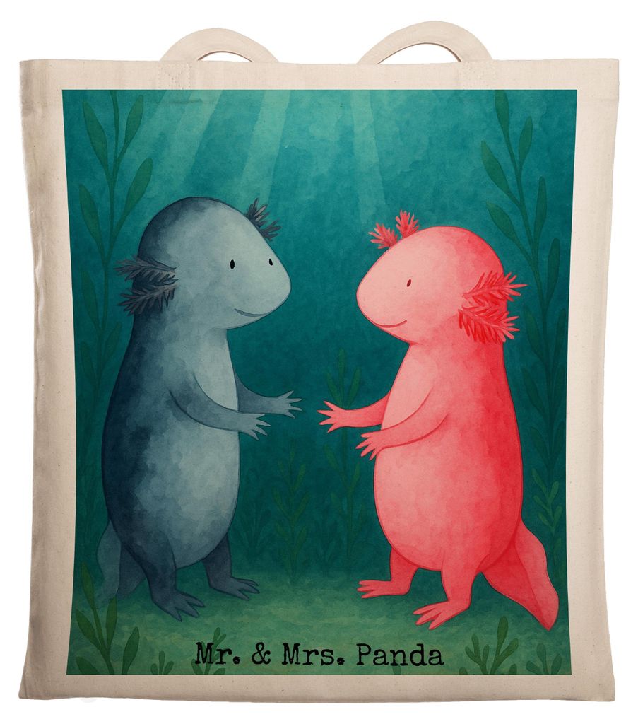 Mr. & Mrs. Panda Tote Bag Axolotl Liebe Design - Weiß - Geschenk, Laptoptasche, Stoffbeutel, Jutebeutel, Valentinstag, Einkaufstasche, Tasche, Lurch
