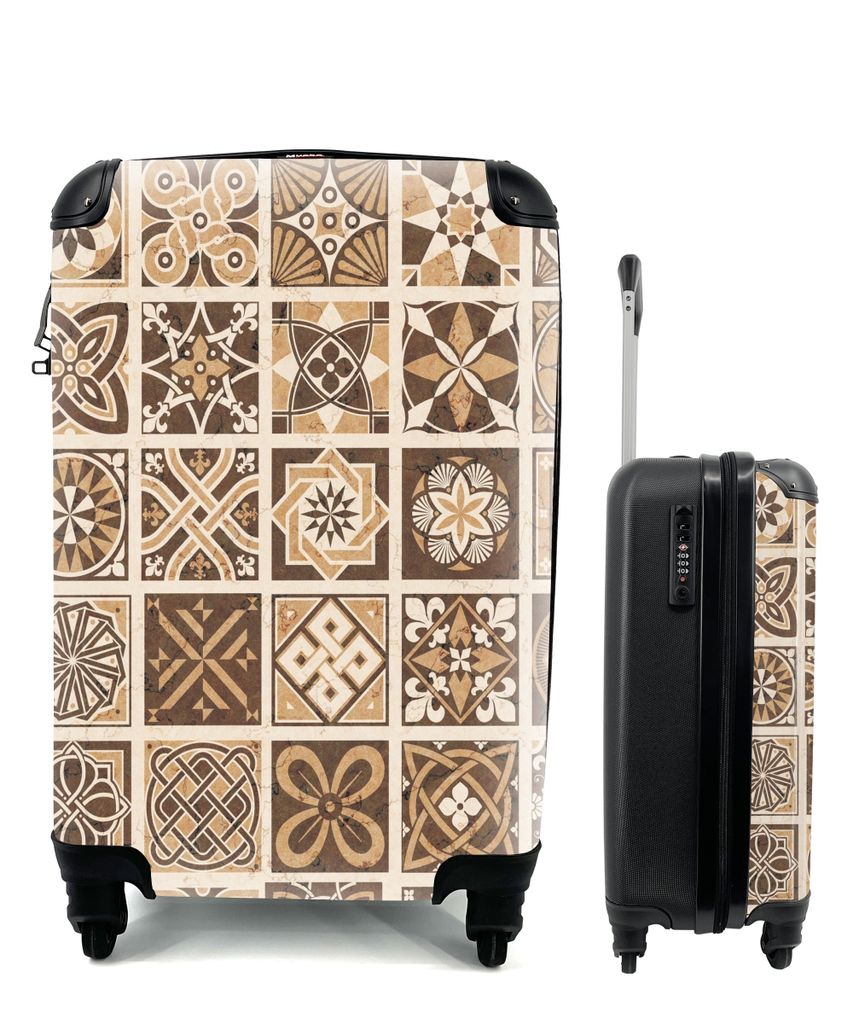 MuchoWow Koffer Handgepäck Trolley Rollkoffer Kleine Reisekoffer mit 4 Rollen - Design - Blumen - Braun - Natur - Vintage - Cabin Size < 55x40x2...