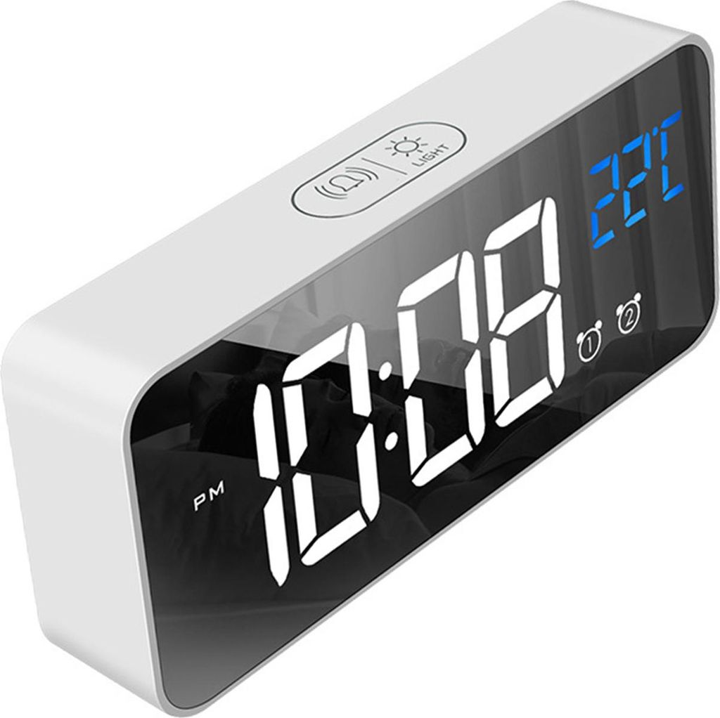 LED-Wecker Elektrische Uhr Multifunktionale Exquisite verspiegelte Oberfläche Stille Nachttischuhr für Haus Schlafzimmer Büro Dekor Weiß