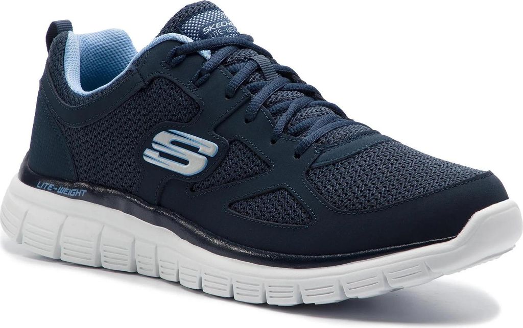 A single navy blue Skechers sneaker is shown from a side angle against a white background.