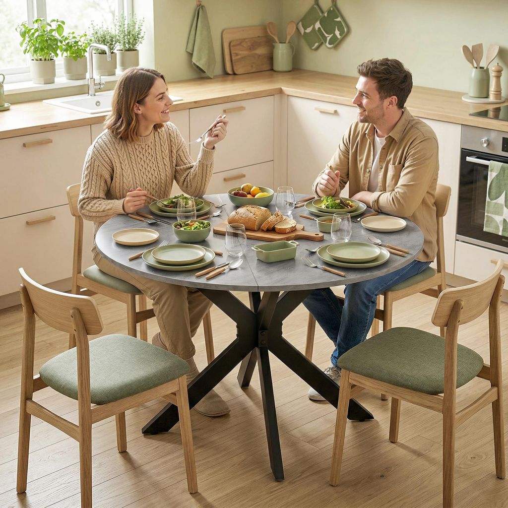 Klapptisch rund klappbar, Esstisch MDF Doppel-X-Stahlrahmen, Klappbarer Küchentisch, Zementgrau | Ø 110 x 76 cm | für 2–6 Personen | platzsparend
