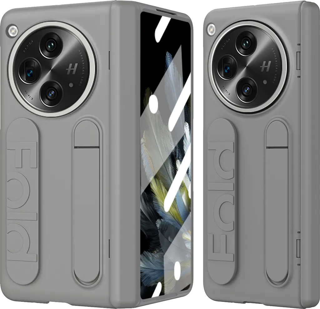 Custodia con cinturino per Oppo Find N3 con protezione dello schermo, supporto e cerniera integrati Grigio