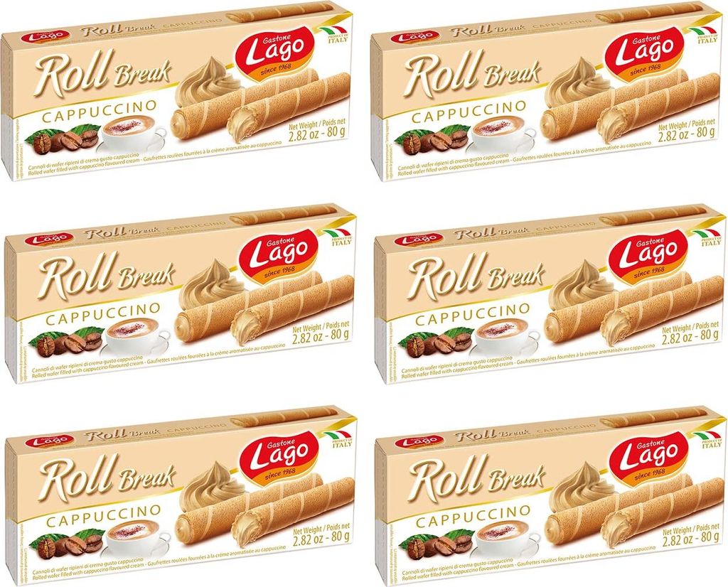 6x Gastone Lago Roll Break Cappuccino Waffelpad Wafer gefüllt mit Cappuccino-Creme 80g
