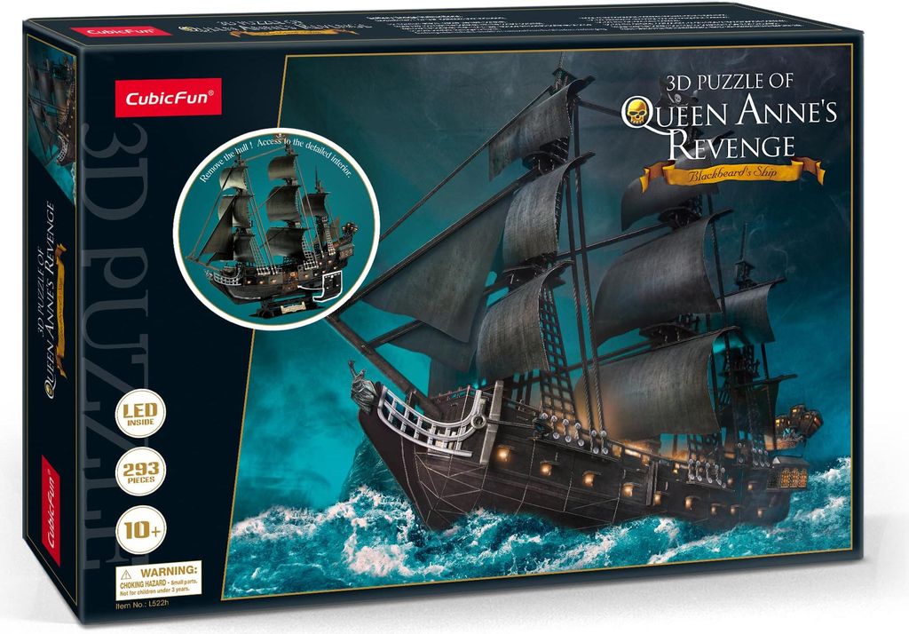 The image shows the packaging of a 3D puzzle of the Queen Anne's Revenge ship.