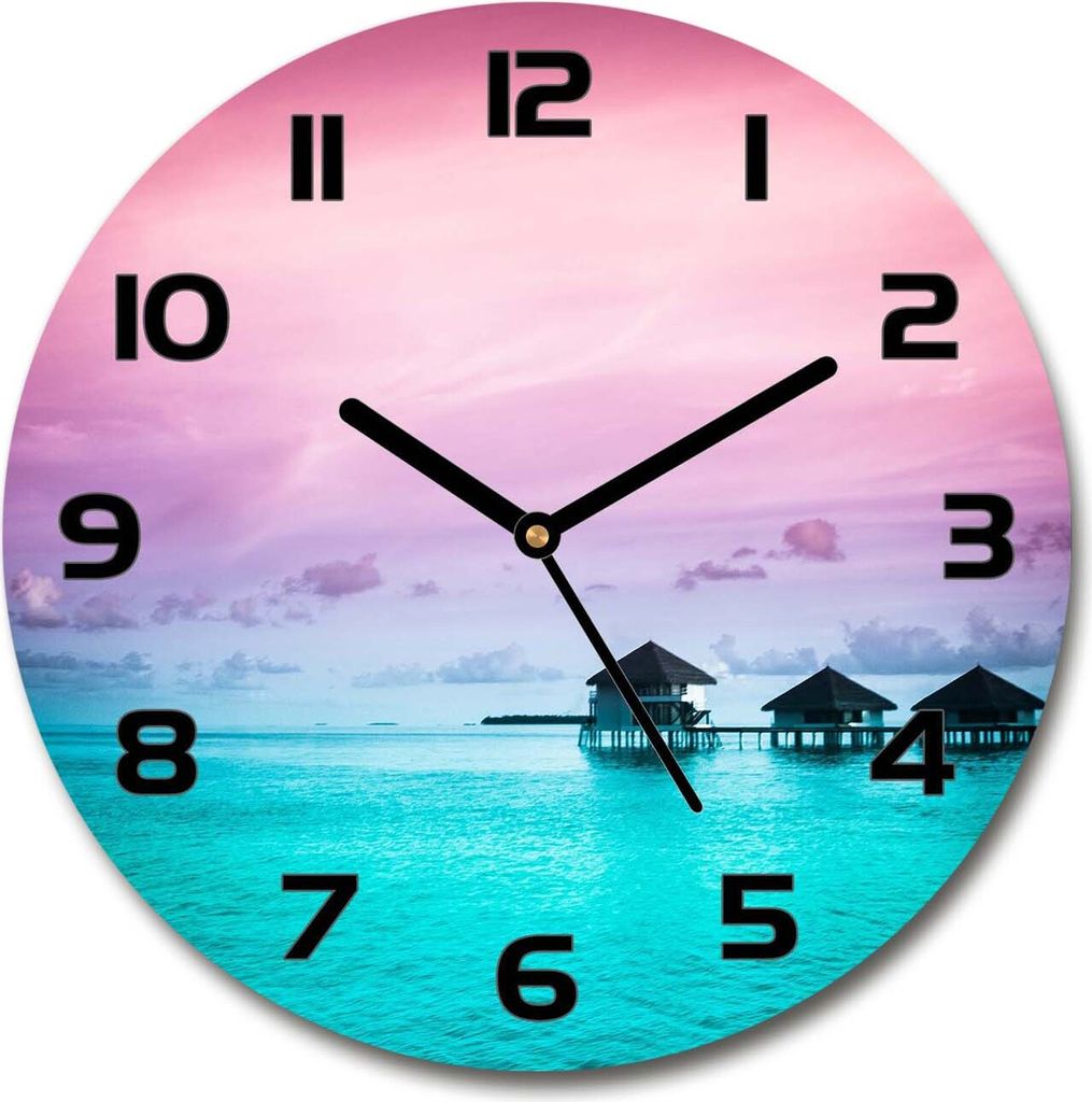 Wanduhr aus Glas 30fi Glasbild Glasuhr Gehärtetes Glas - schwarze-zeiger - Bungalows above the water