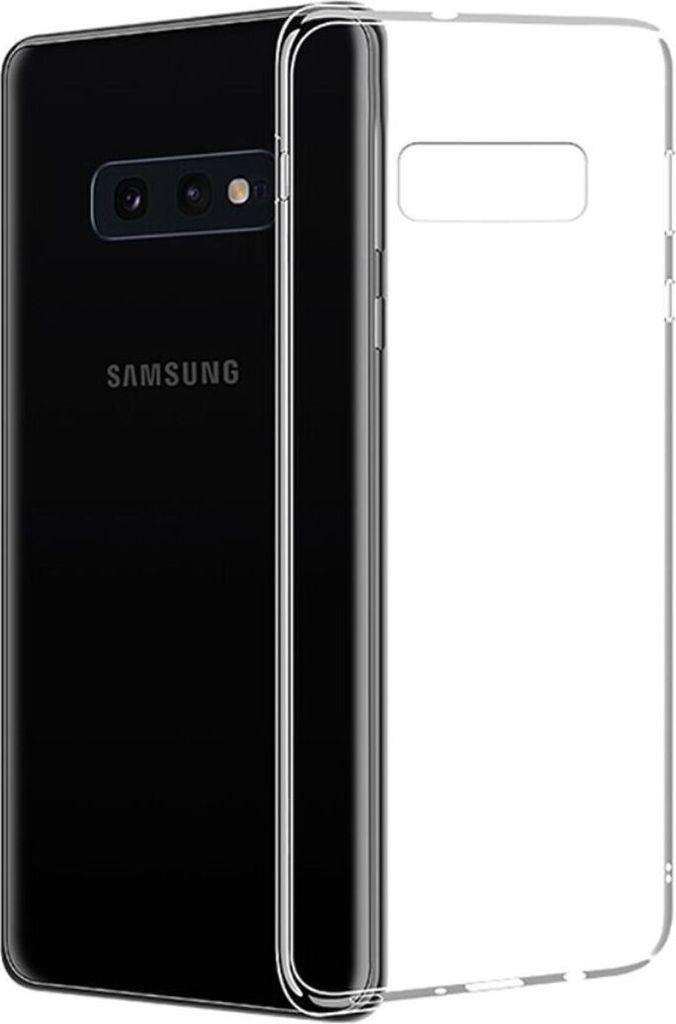 A clear, professional studio shot of a transparent phone case next to a black Samsung Galaxy S10e phone.