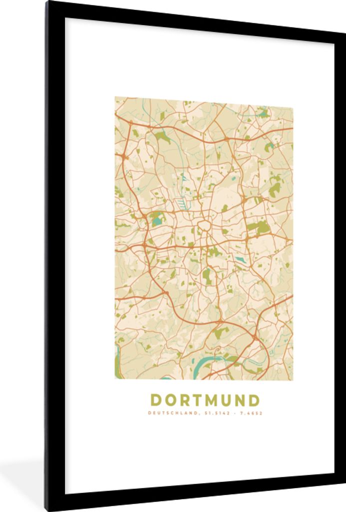 MuchoWow Gerahmtes Poster Stadtplan - Dortmund - Stadtplan - Vintage 60x90 cm - Poster mit Schwarzem Bilderrahmen Wandposter Rahmen Foto Bilder -...