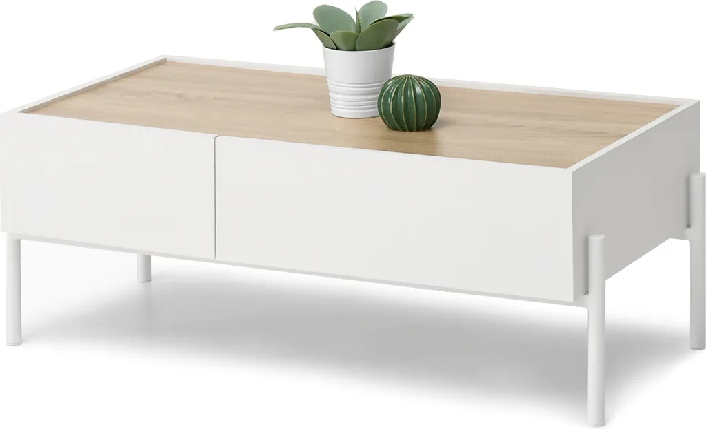 Table basse TOMAN anti-désordre blanche et bois avec tiroirs