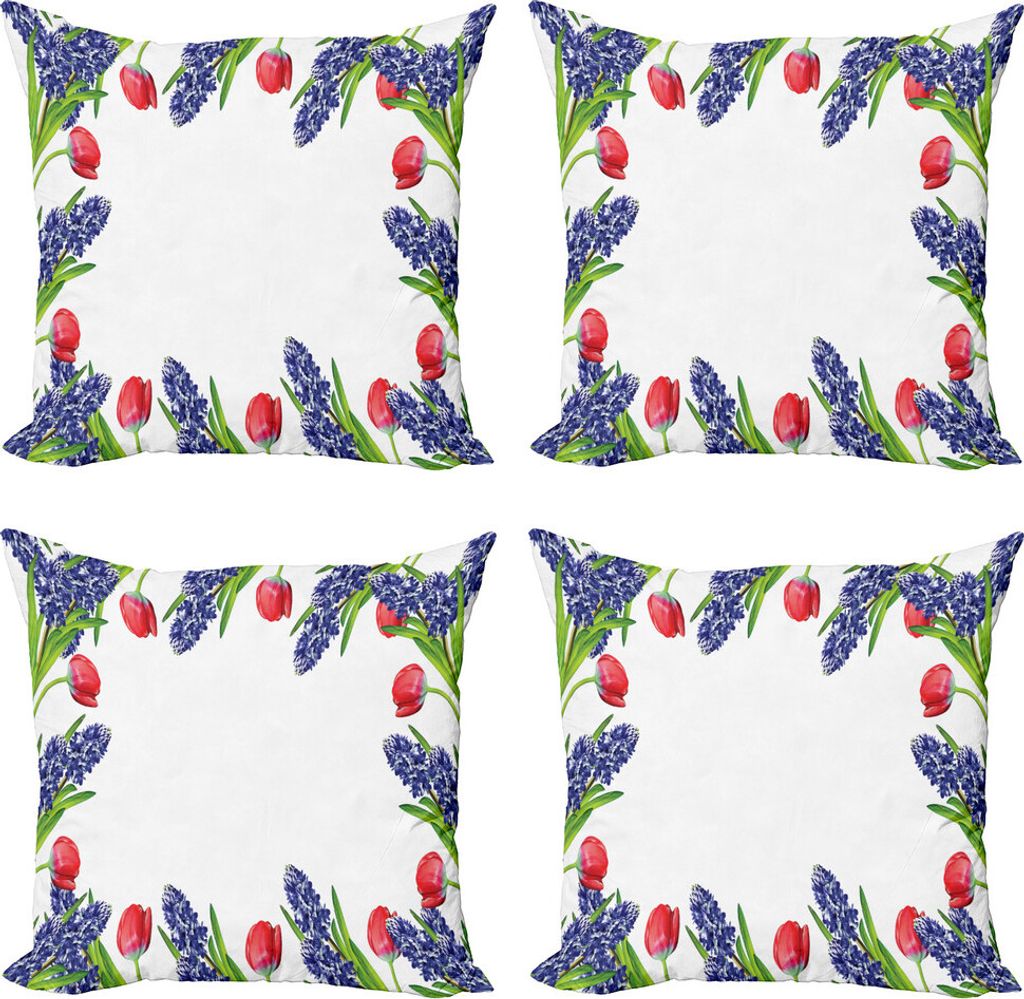 ABAKUHAUS Tulpe Kissenbezug Set (4 Stück), Blossom Frühlingsblumen, Moderner Doppelseitiger Digitaldruck, 60 cm x 60 cm, Rot Lila Grün