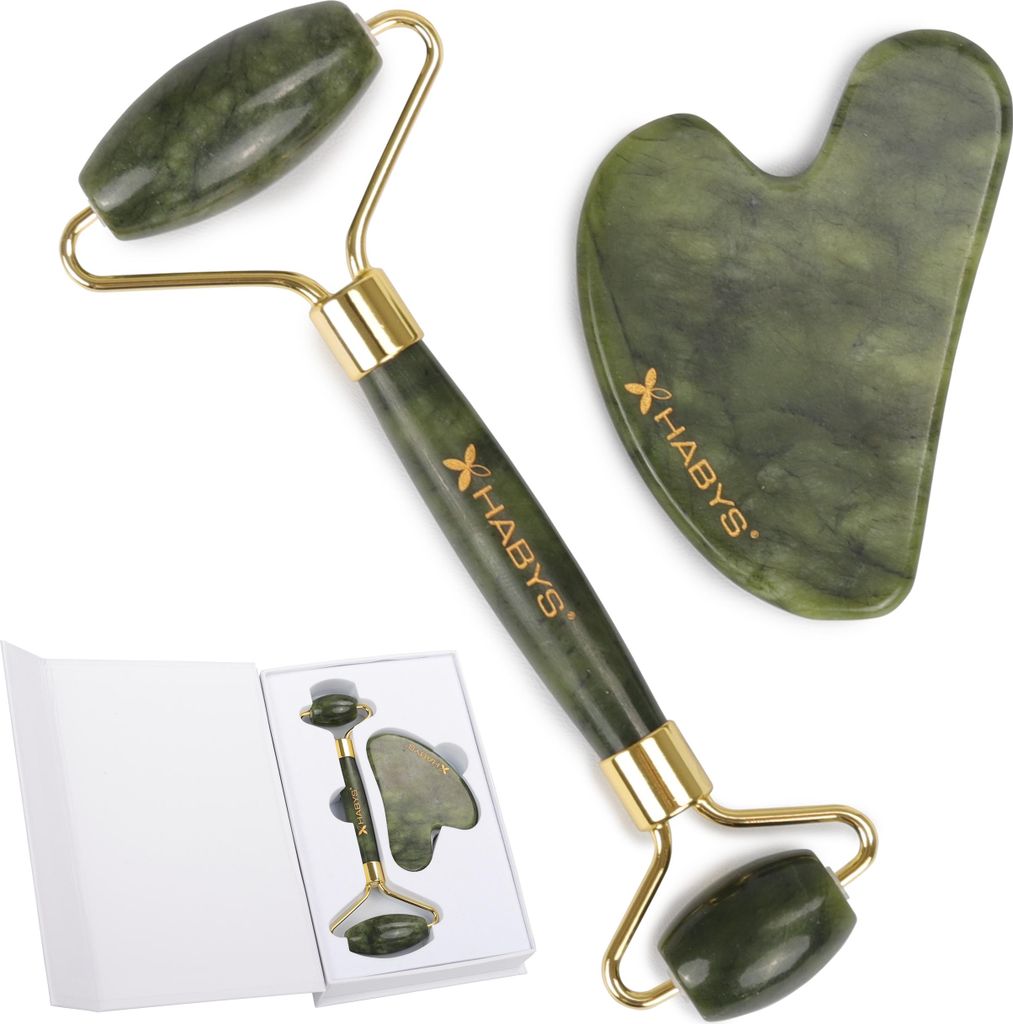 Gua Sha Massage-Set aus echtem Jade | Stein & Roller für Gesichtsmassage | Hautpflege & Anti-Aging reduziert Schwellungen & Augenringe | Geschenkbox
