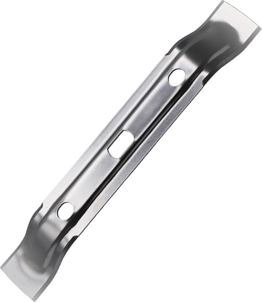 A single metal lawn mower blade is shown against a white background.