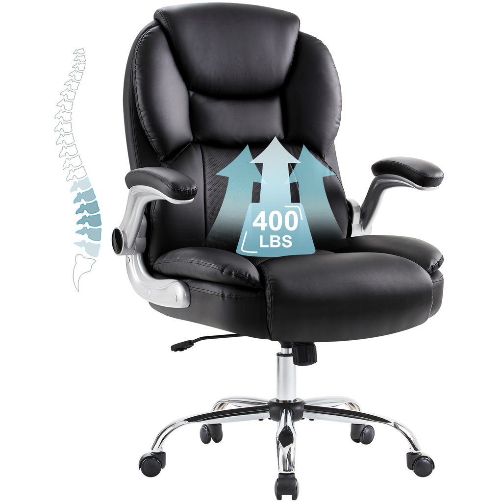 A black ergonomic office chair with chrome accents is shown against a white background. The chair has a high back and padded armrests. A graphic overlay displays three upward-pointing arrows and the text "400 LBS" within a light blue triangle, indicating t